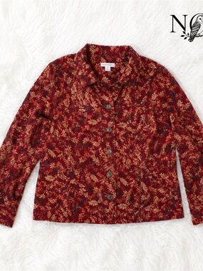 Red Leaf Print Corduroy Jacket XL Autumn Cottagecore 100% Soft Cotton Button Up
